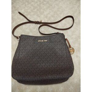 Michael Kors Fulton Hobo Bag Brown Signature Canvas Shoulder Purse Gold Charm